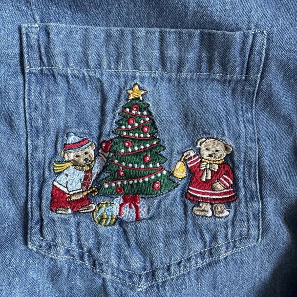 Vintage 90s Quizz Denim Button Up Shirt Sz L Christmas Bears Embroidery Winter - Picture 4 of 16